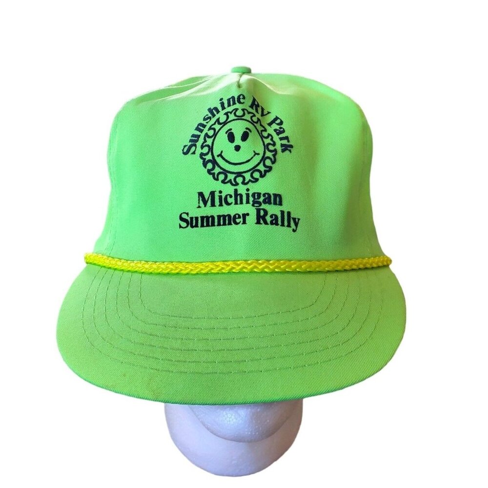 Retro 90s Neon Green Trucker Rope Hat Cap Snapback Sunshine RV Park Michigan Sum